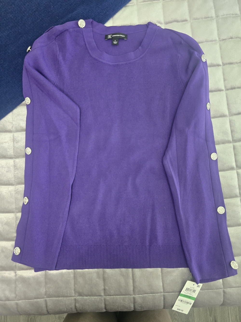 INC International Concepts Purple Button-Sleeve Crewneck Sweater